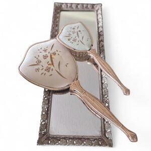 Vintage Elegant Floral Hand Mirror Brush and Vanity Tray Set of 3 Gold Antique